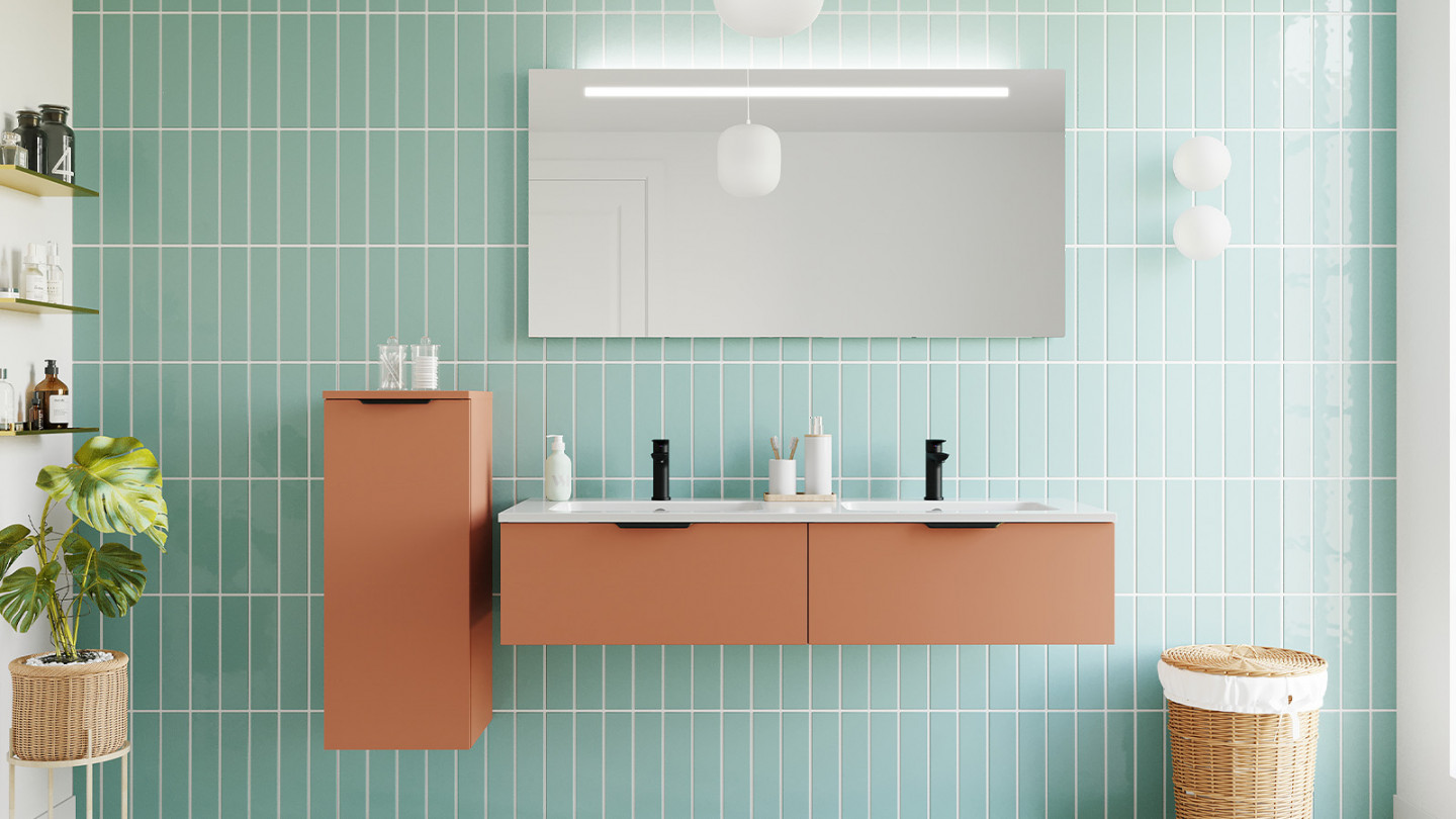 Meuble de salle de bains 140 cm Terracotta - 2 tiroirs - double vasque + miroir - Loft