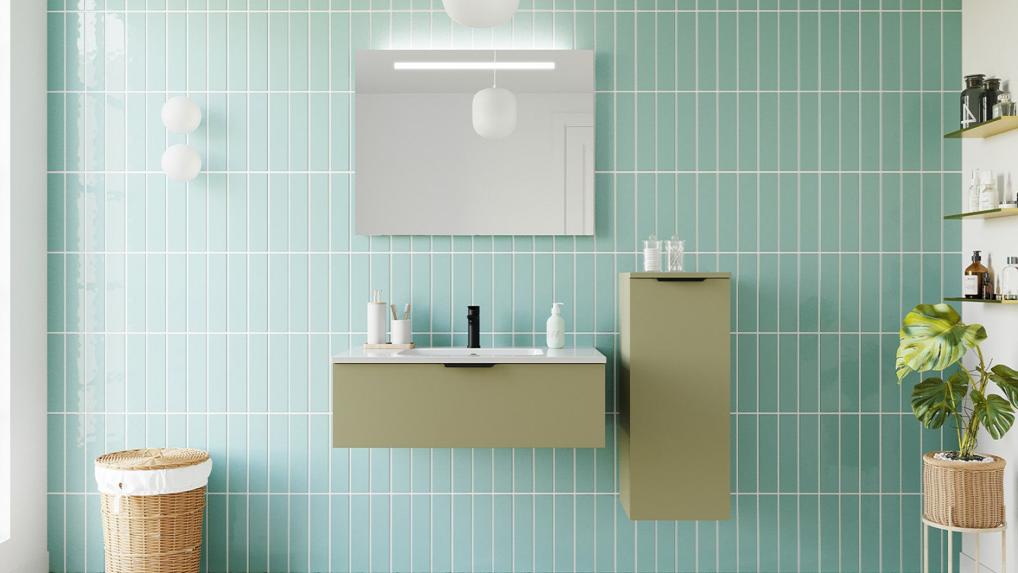 Meuble de salle de bains 90 cm Olive - 1 tiroir - simple vasque + miroir + demi-colonne ouverture à droite - Loft