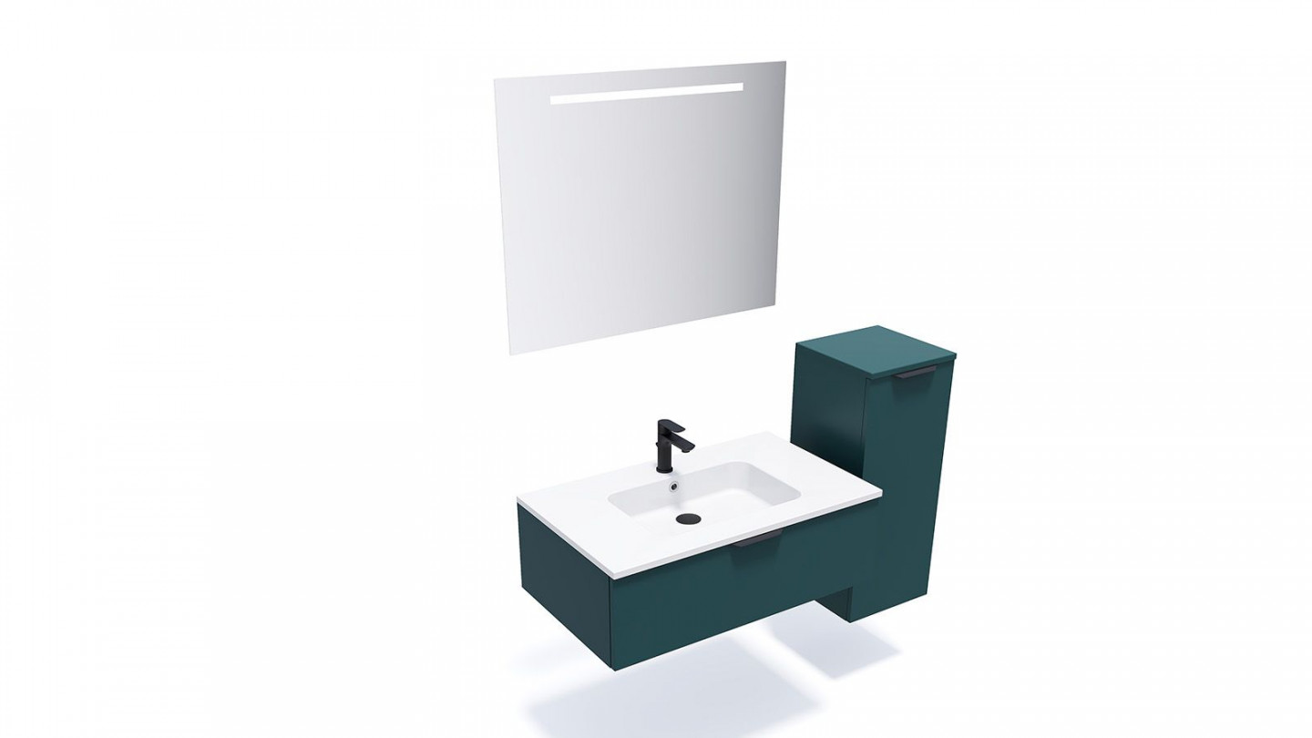 Meuble de salle de bains 90 cm Tropical - 1 tiroir - simple vasque + miroir + demi-colonne ouverture à droite - Loft