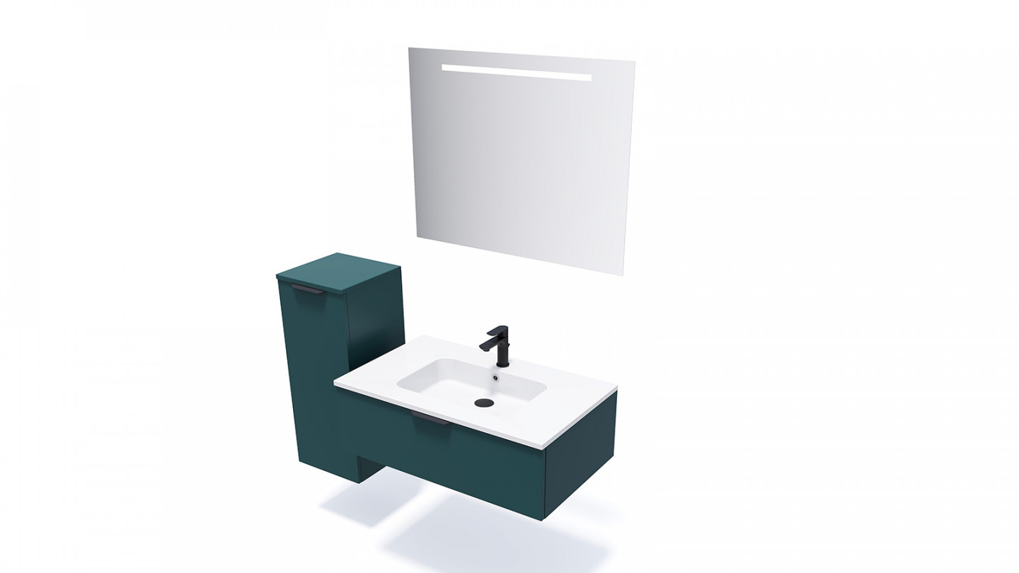 Meuble de salle de bains 90 cm Tropical - 1 tiroir - simple vasque + miroir + demi-colonne ouverture à gauche - Loft