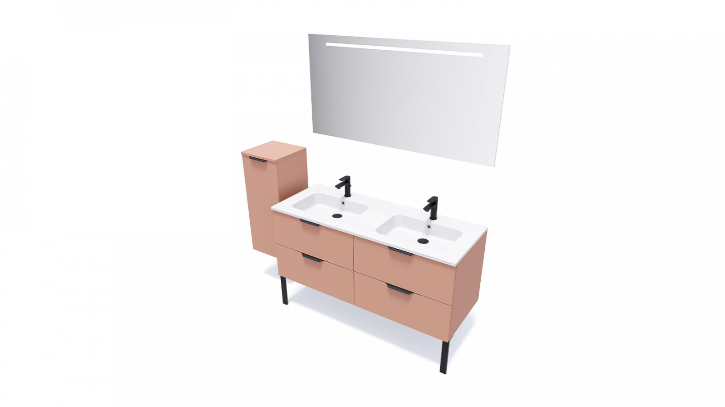 Meuble de salle de bains 140 cm Abricot - 4 tiroirs - double vasque + miroir - Loft