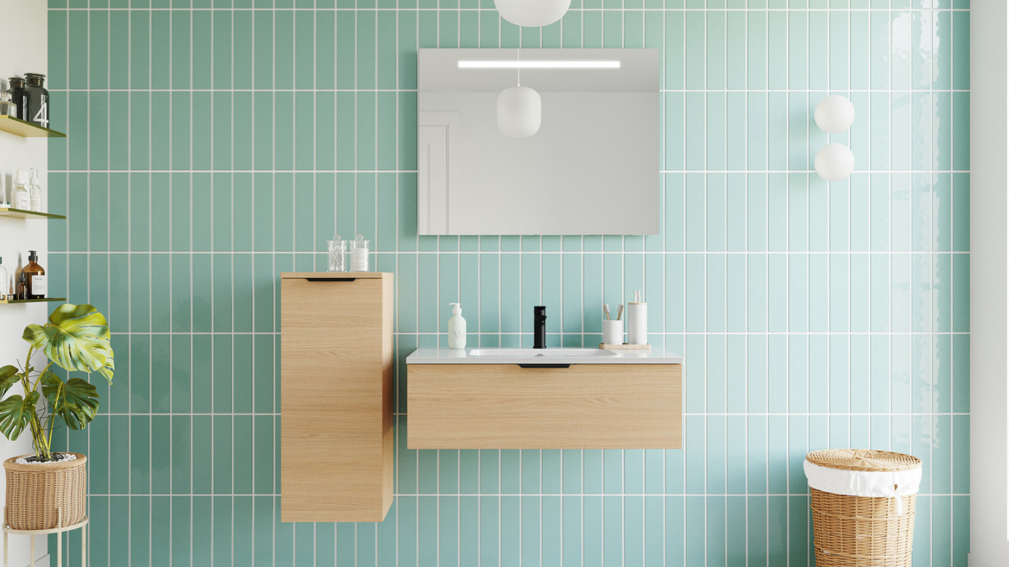 Meuble de salle de bains 90 cm Chêne clair - 1 tiroir - simple vasque - Loft