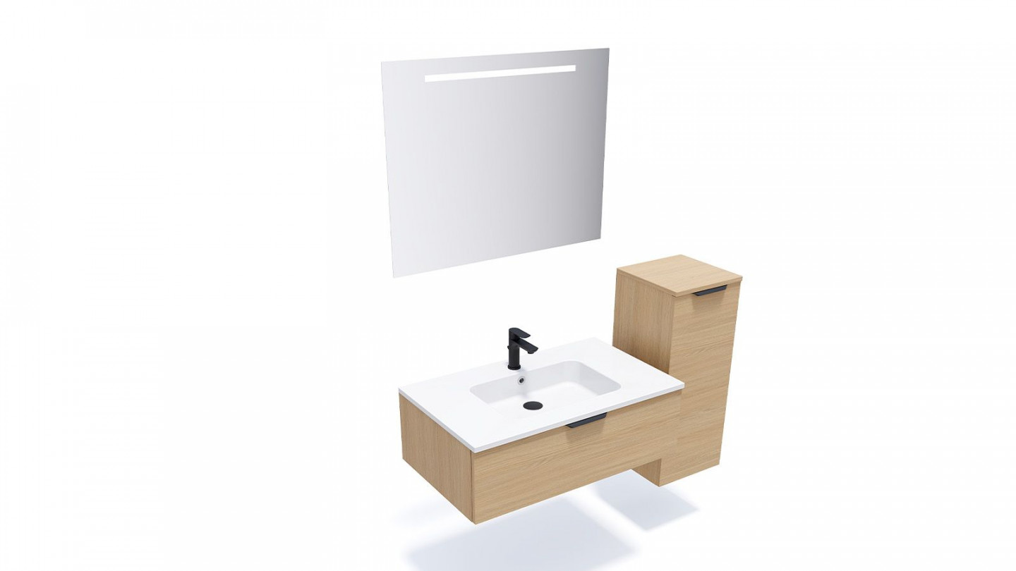 Meuble de salle de bains 90 cm Chêne clair - 1 tiroir - simple vasque + miroir + demi-colonne ouverture à droite - Loft