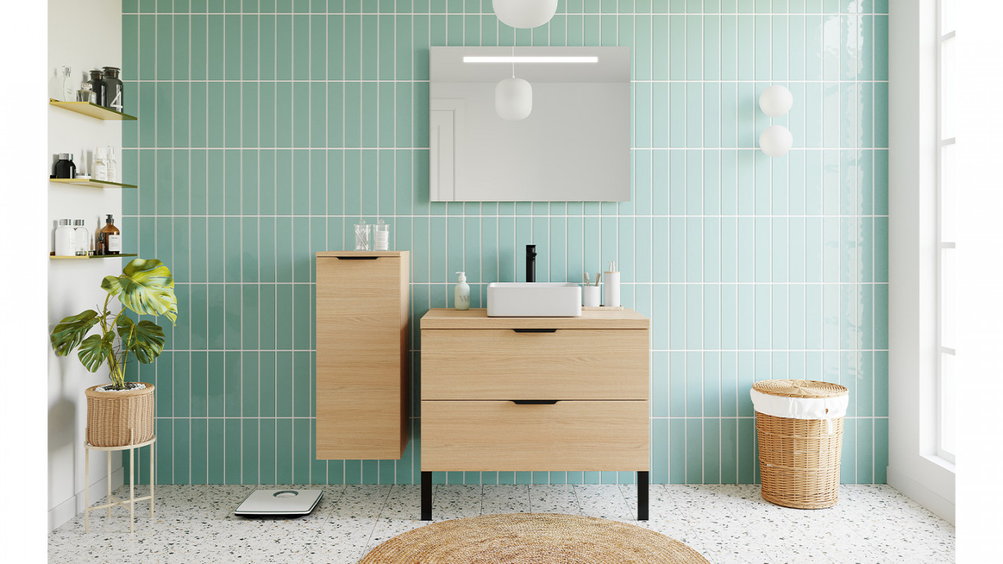 Meuble de salle de bains 90 cm Chêne clair - 2 tiroirs - vasque carrée - Loft