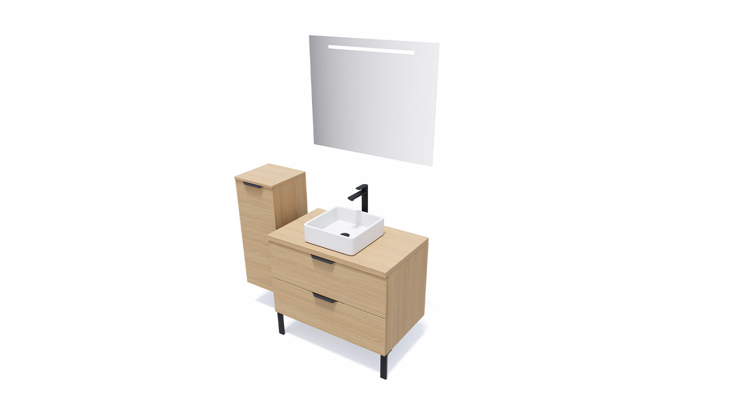 Meuble de salle de bains 90 cm Chêne clair - 2 tiroirs - vasque carrée - Loft