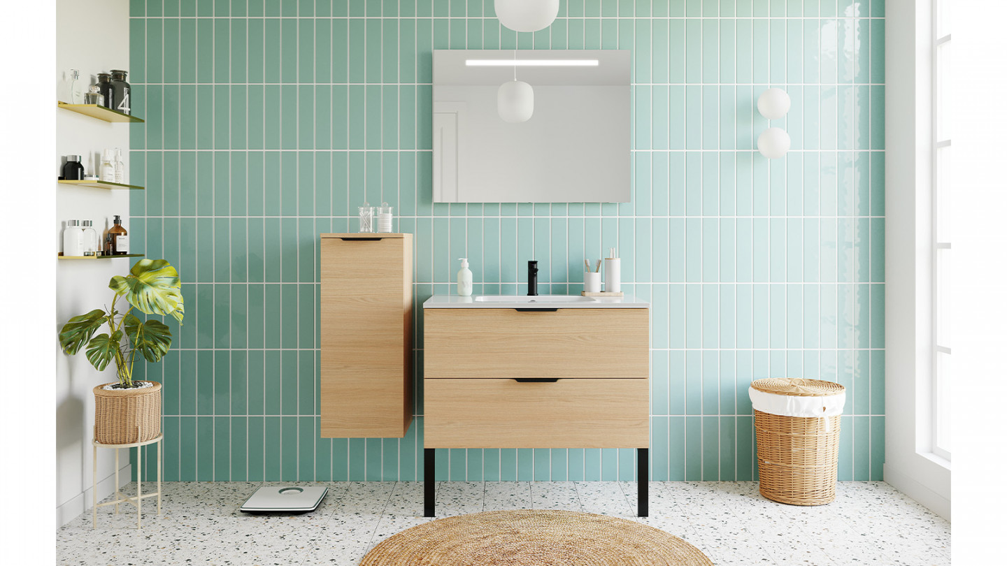 Meuble de salle de bains 90 cm Chêne clair - 2 tiroirs - simple vasque - Loft