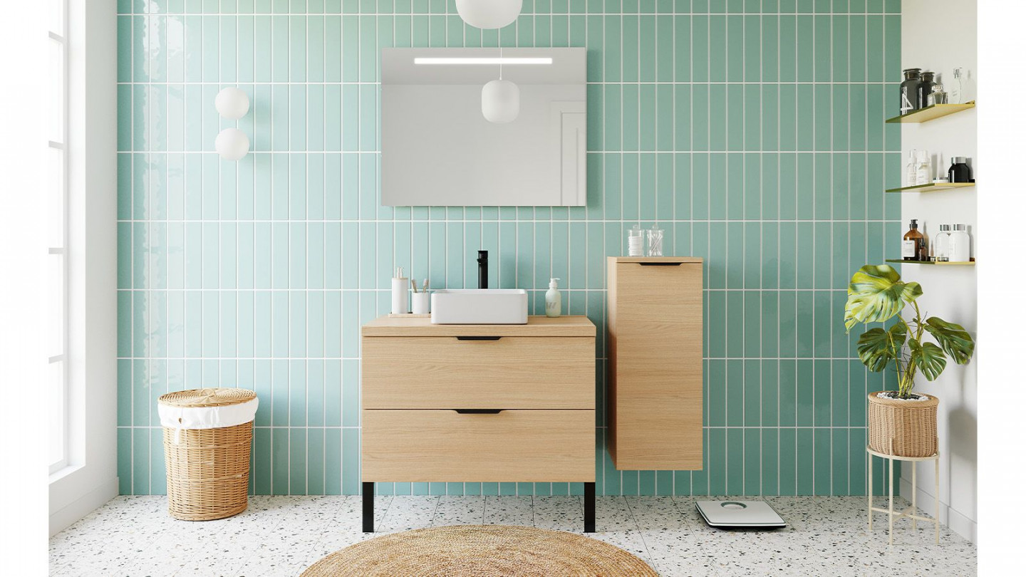 Meuble de salle de bains 90 cm Chêne clair - 2 tiroirs - vasque carrée + miroir + demi-colonne ouverture à droite - Loft