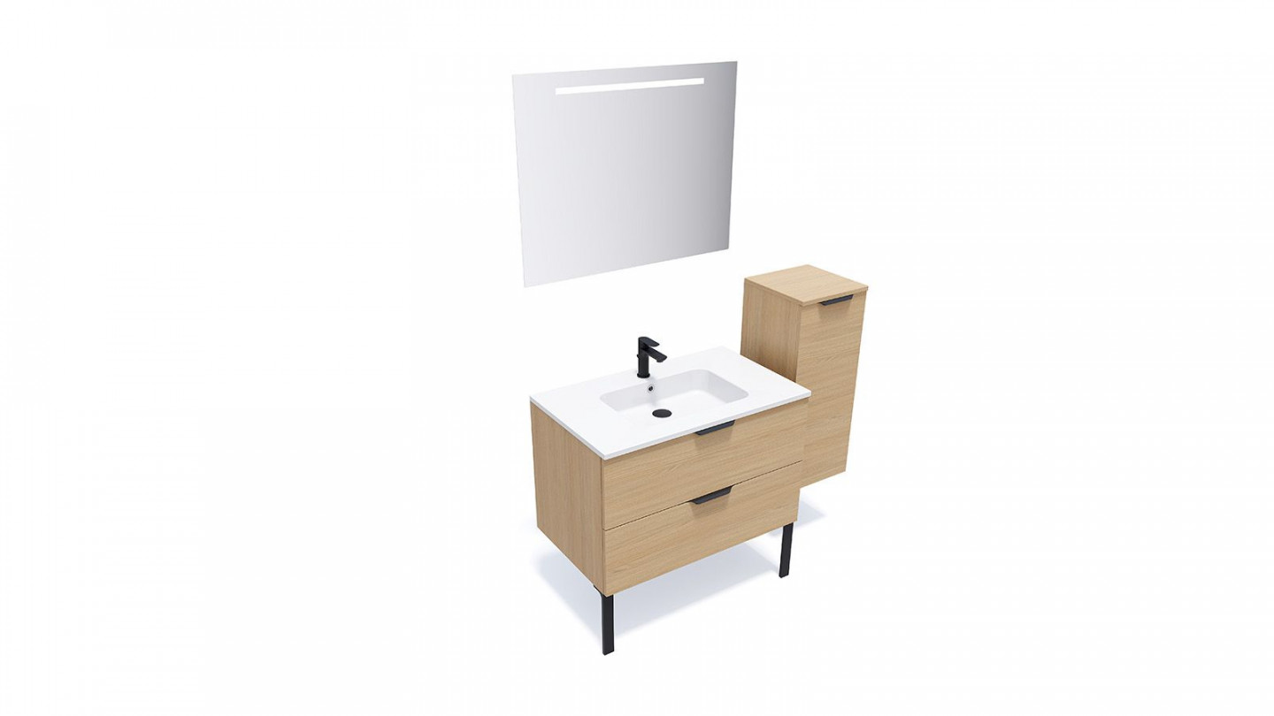 Meuble de salle de bains 90 cm Chêne clair - 2 tiroirs - simple vasque + miroir + demi-colonne ouverture à droite - Loft