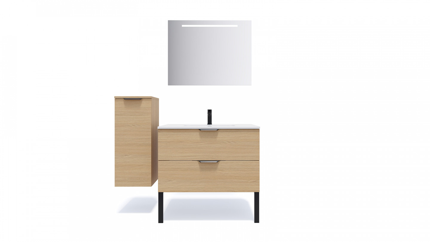 Meuble de salle de bains 90 cm Chêne clair - 2 tiroirs - simple vasque + miroir + demi-colonne ouverture à gauche - Loft