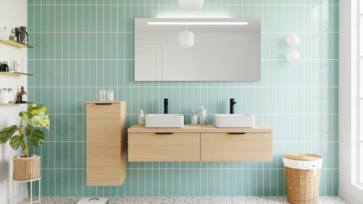 Meuble de salle de bains 140 cm Chêne clair - 2 tiroirs - 2 vasques carrées - Loft