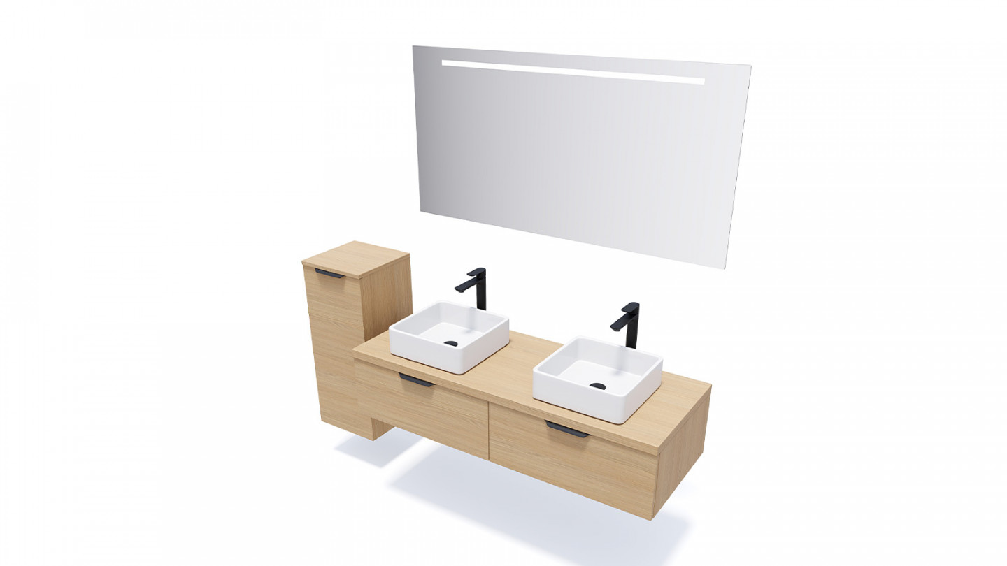 Meuble de salle de bains 140 cm Chêne clair - 2 tiroirs - 2 vasques carrées - Loft