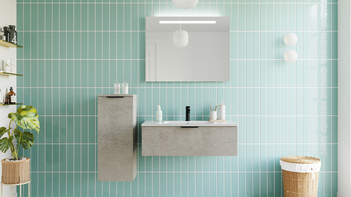 Meuble de salle de bains 90 cm Béton taloché - 1 tiroir - simple vasque + miroir - Loft