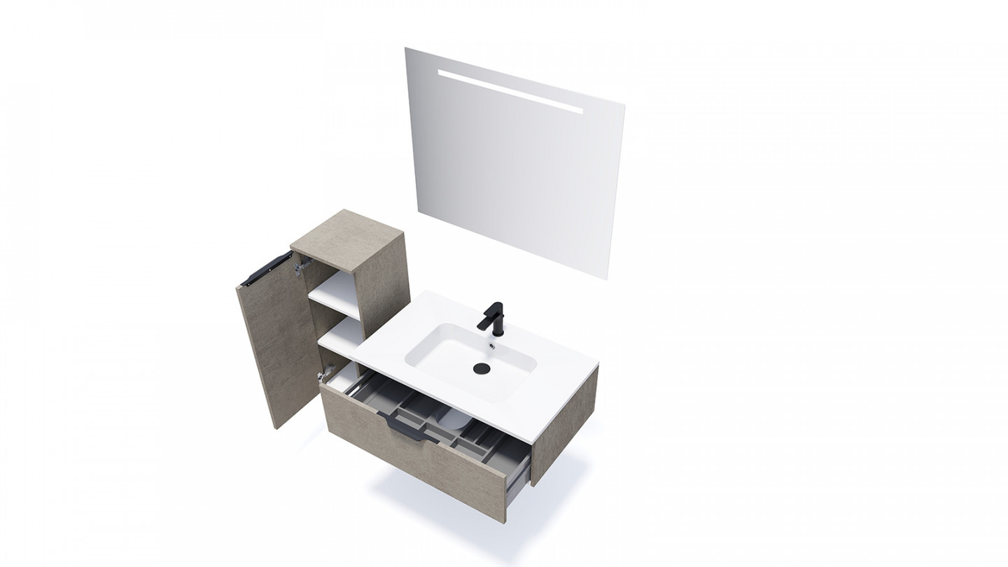 Meuble de salle de bains 90 cm Béton taloché - 1 tiroir - simple vasque + miroir + demi-colonne ouverture à gauche - Loft
