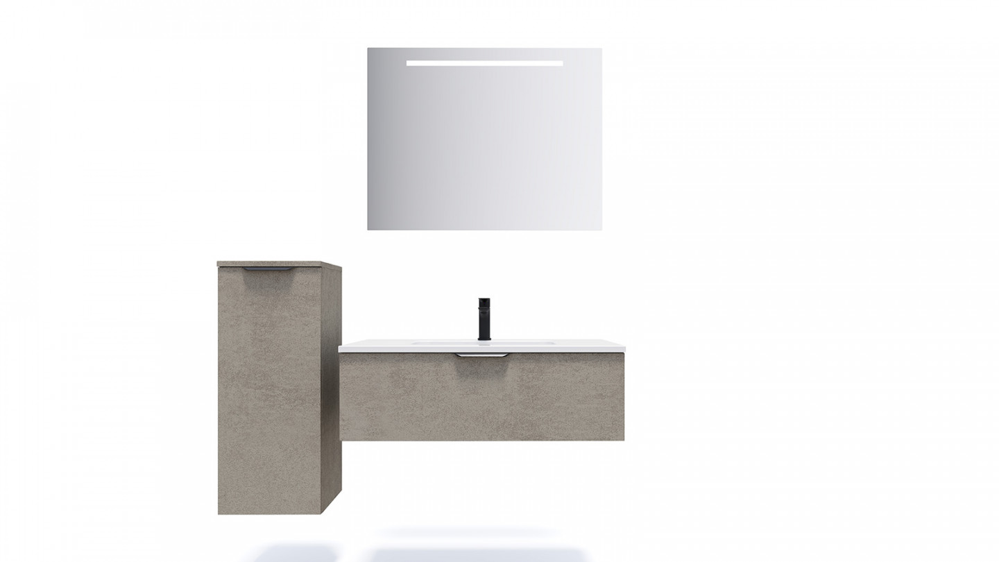 Meuble de salle de bains 90 cm Béton taloché - 1 tiroir - simple vasque + miroir + demi-colonne ouverture à gauche - Loft