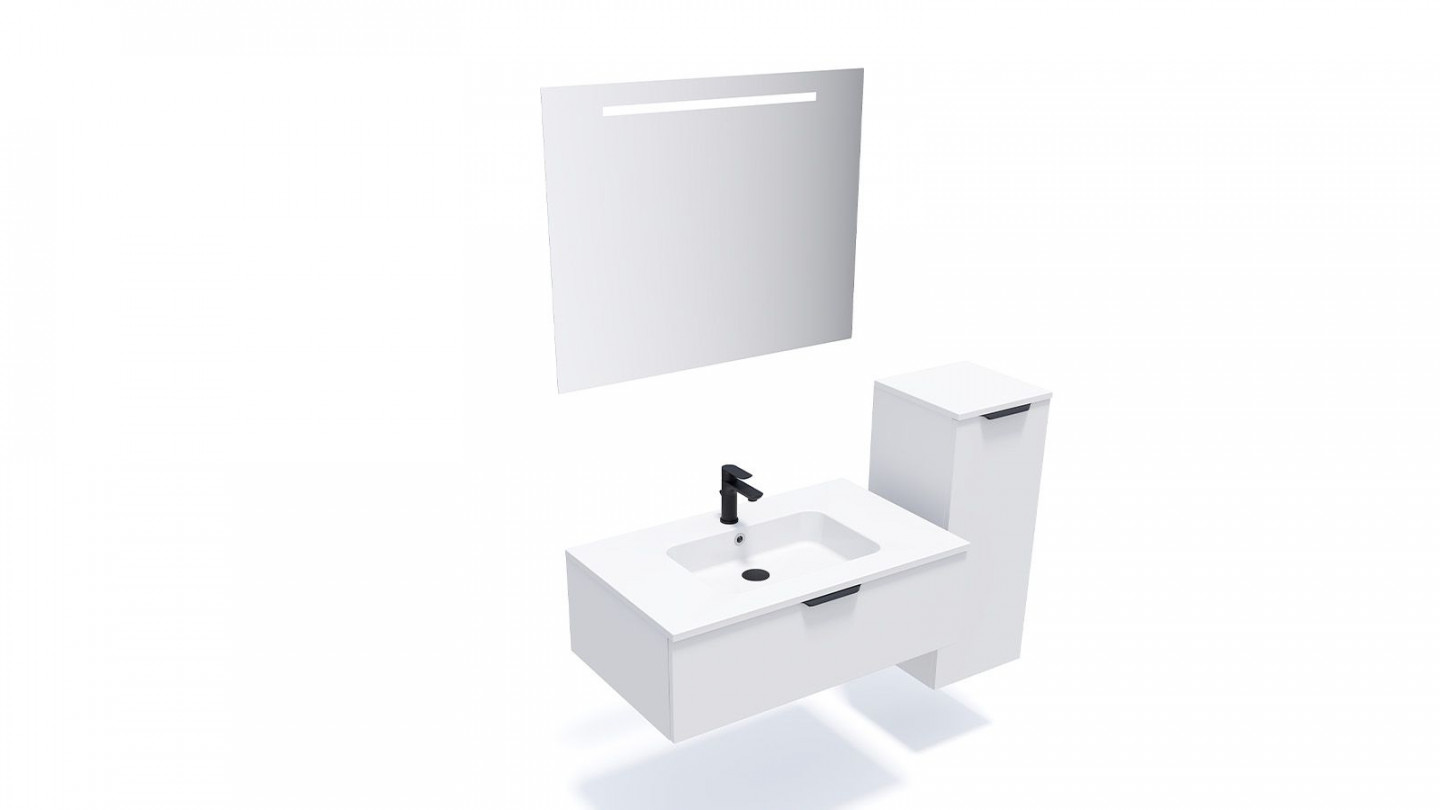 Meuble de salle de bains 90 cm Opale blanc - 1 tiroir - simple vasque + miroir + demi-colonne ouverture à droite - Loft