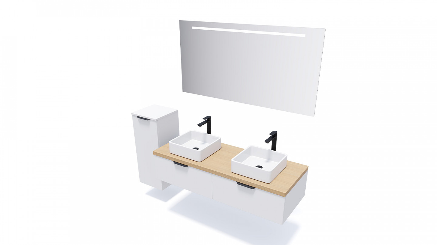 Meuble de salle de bains 140 cm Opale blanc - 2 tiroirs - 2 vasques carrées + miroir - Loft