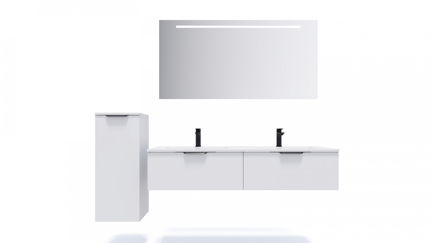 Meuble de salle de bains 140 cm Opale blanc - 2 tiroirs - double vasque + miroir - Loft