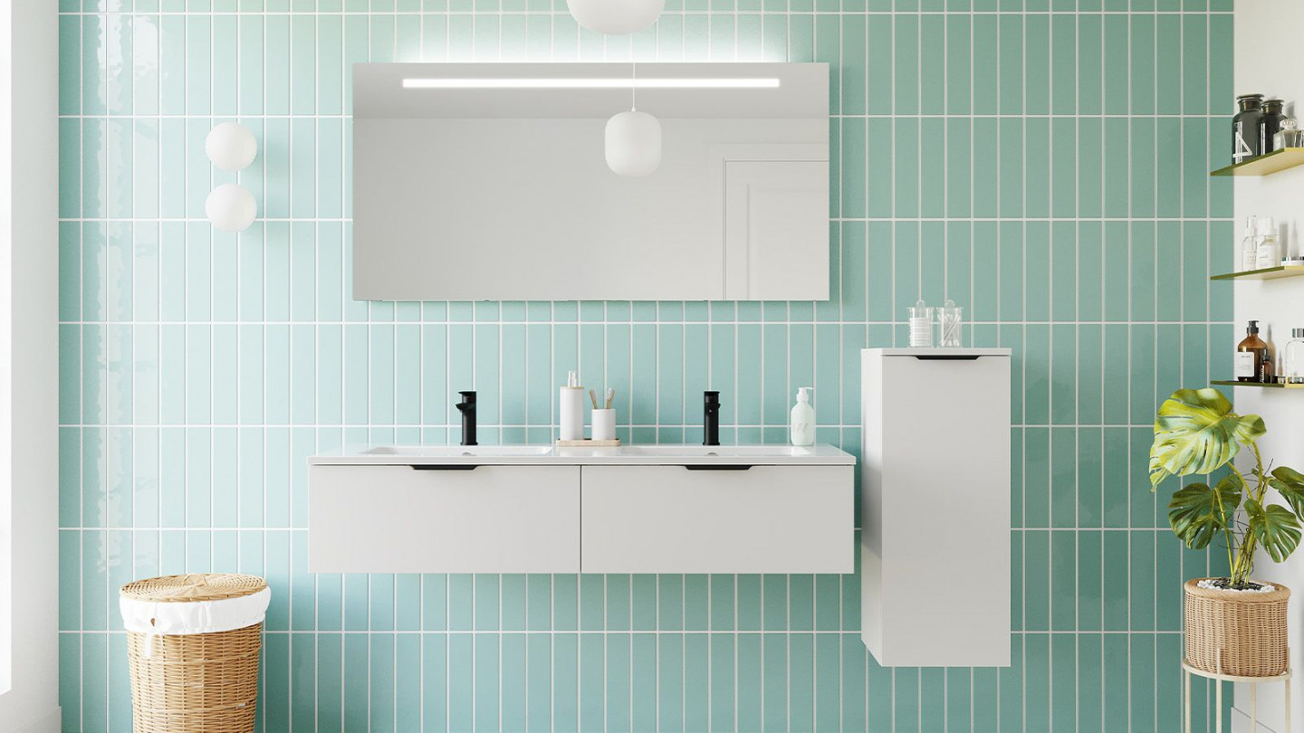 Meuble de salle de bains 140 cm Opale blanc - 2 tiroirs - double vasque + miroir + demi-colonne ouverture à droite - Loft