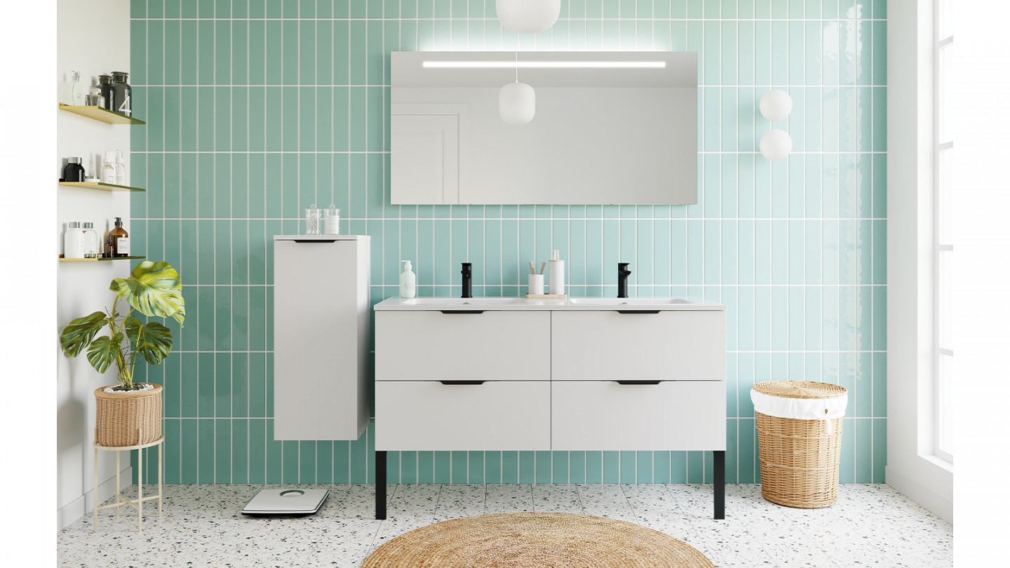 Meuble de salle de bain suspendu double vasque intégrée 140cm 4 tiroirs Blanc + miroir + colonne ouverture gauche - Loft