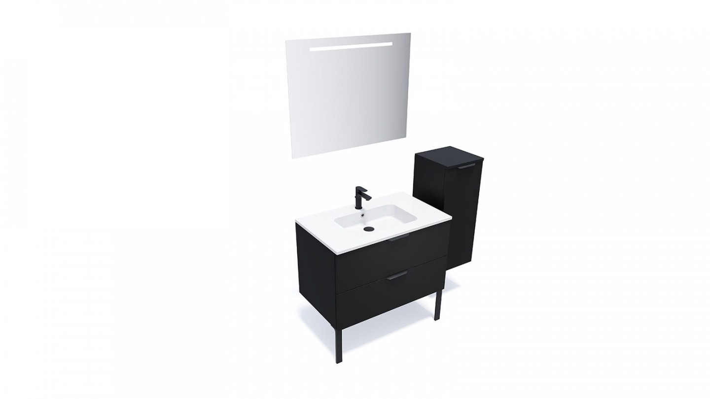 Meuble de salle de bain suspendu vasque intégrée 90cm 2 tiroirs Noir + miroir + colonne ouverture droite - Loft