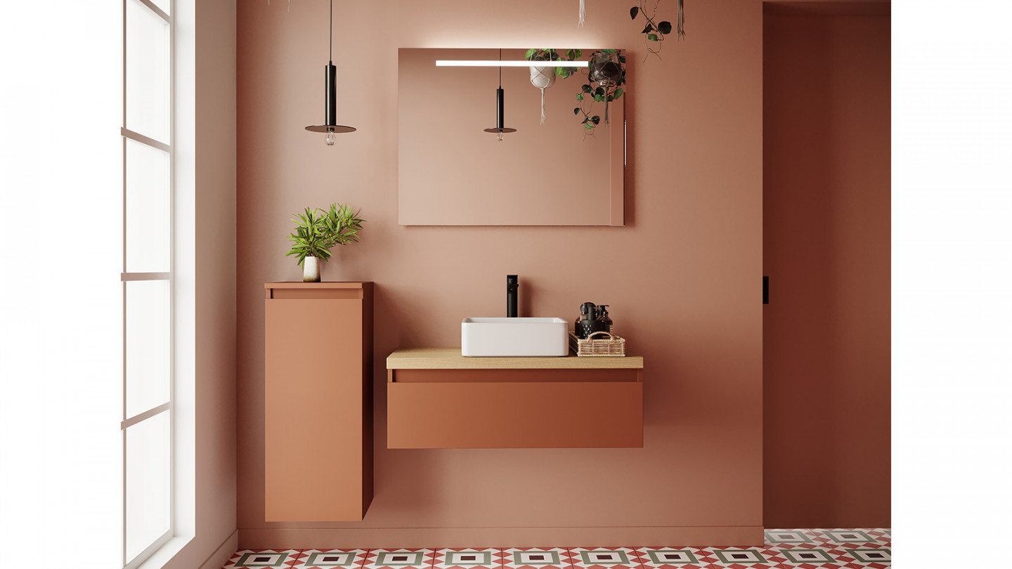 Meuble de salle de bain suspendu vasque à poser 90cm 1 tiroir Terracotta - Rivage