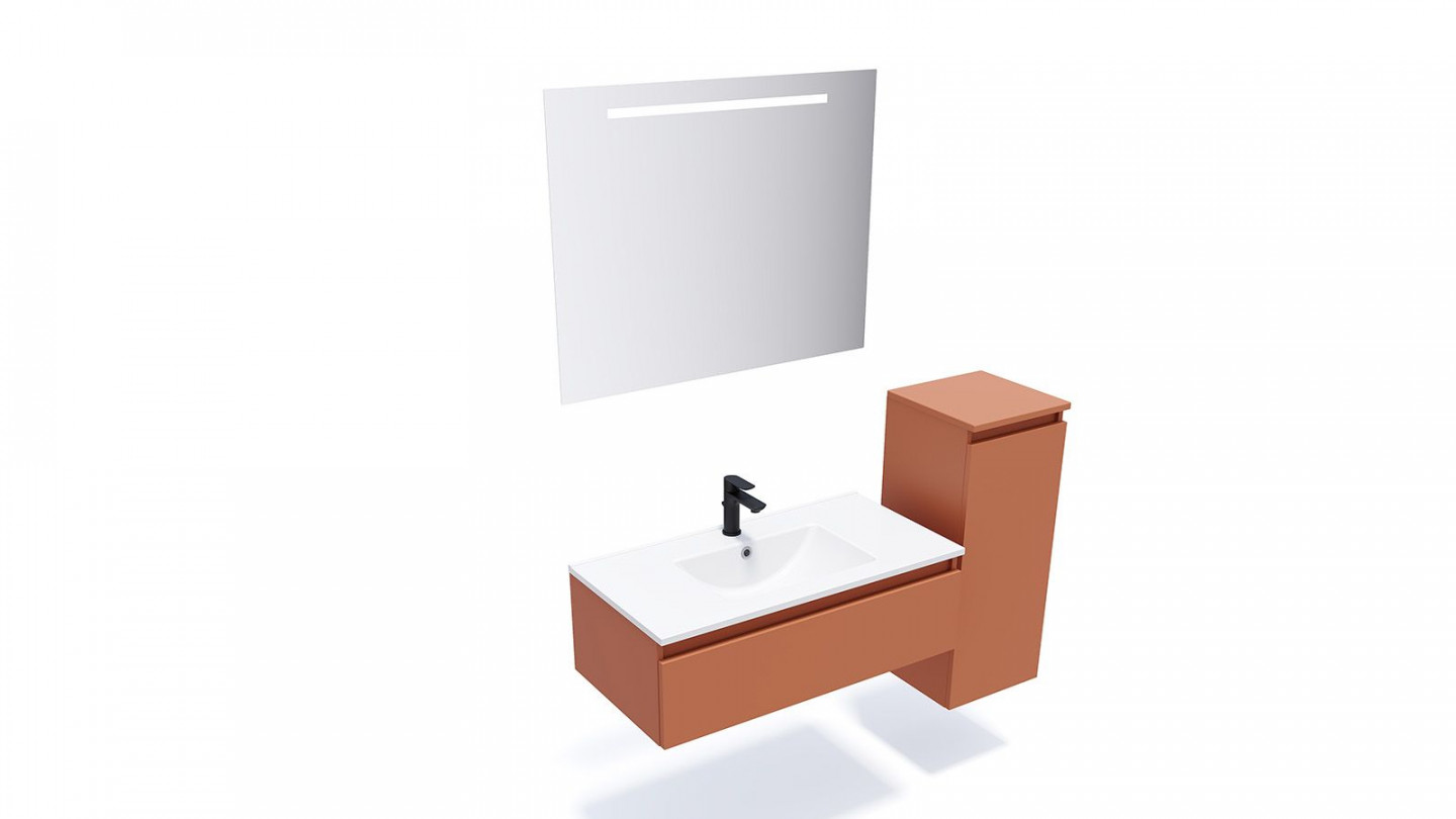 Meuble de salle de bain suspendu vasque intégrée 90cm 1 tiroir Terracotta + miroir + colonne ouverture droite - Rivage