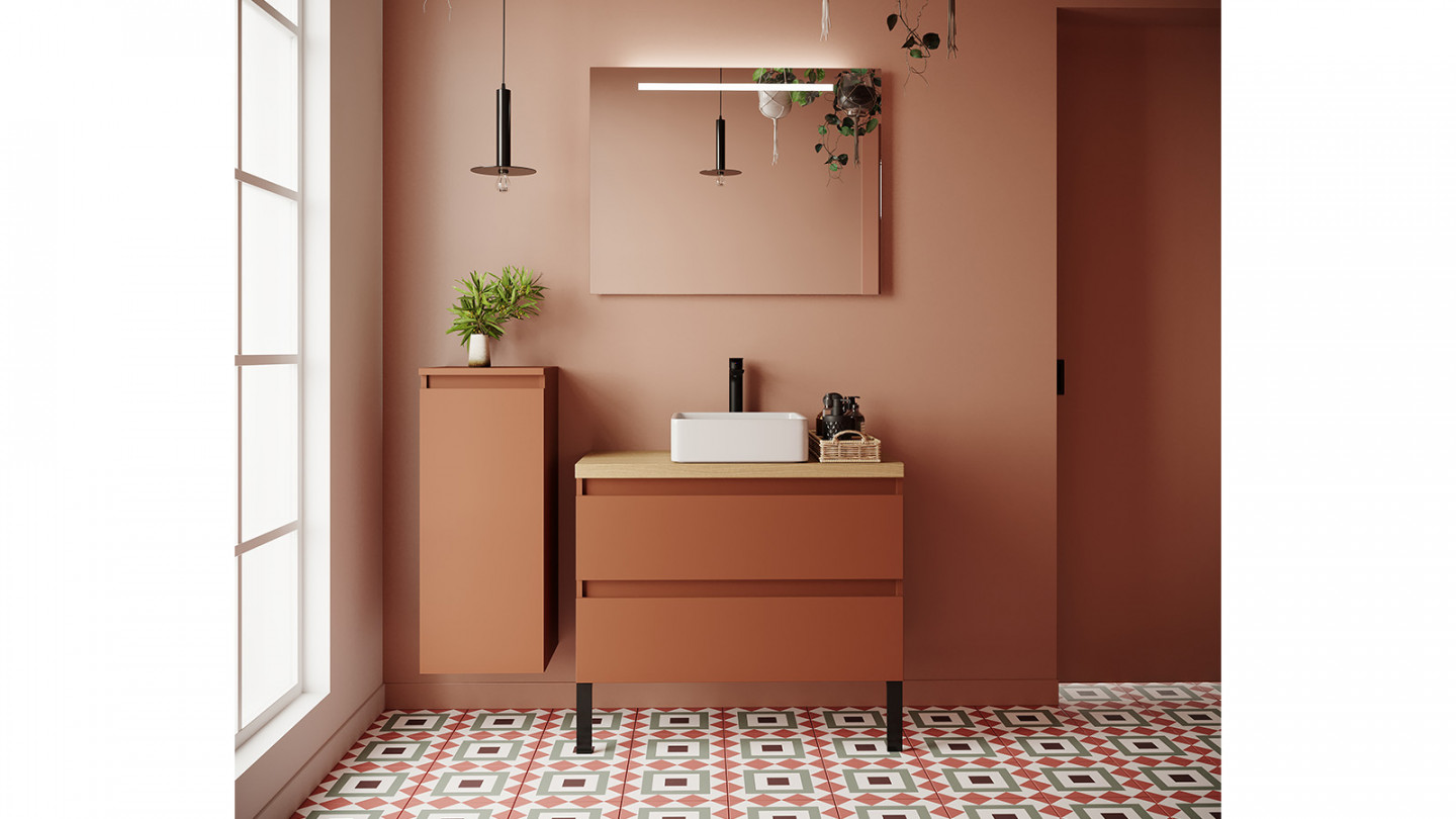 Meuble de salle de bain suspendu vasque à poser 90cm 2 tiroirs Terracotta - Rivage