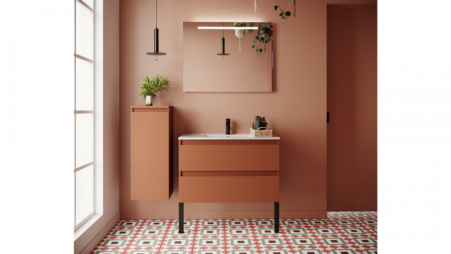 Meuble de salle de bain suspendu vasque intégrée 90cm 2 tiroirs Terracotta - Rivage