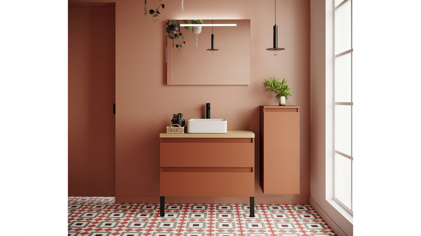 Meuble de salle de bain suspendu vasque à poser 90cm 2 tiroirs Terracotta + miroir + colonne ouverture droite - Rivage