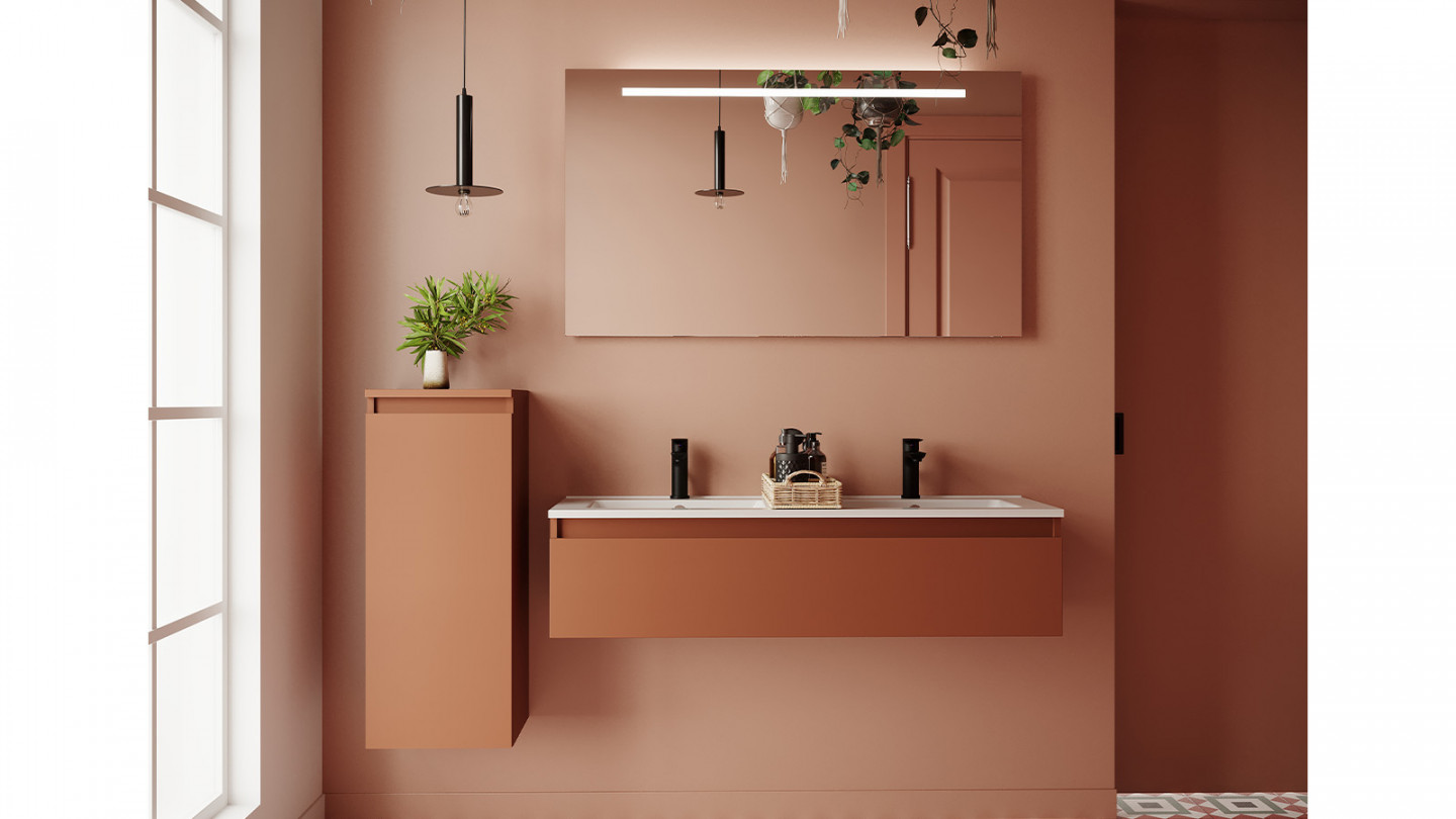 Meuble de salle de bain suspendu double vasque intégrée 120cm 1 tiroir Terracotta + miroir - Rivage