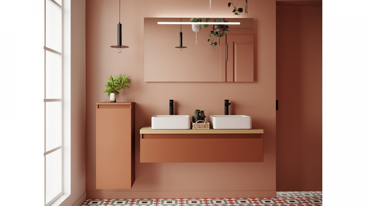 Meuble de salle de bain suspendu 2 vasques à poser 120cm 1 tiroir Terracotta + miroir + colonne ouverture gauche - Rivage