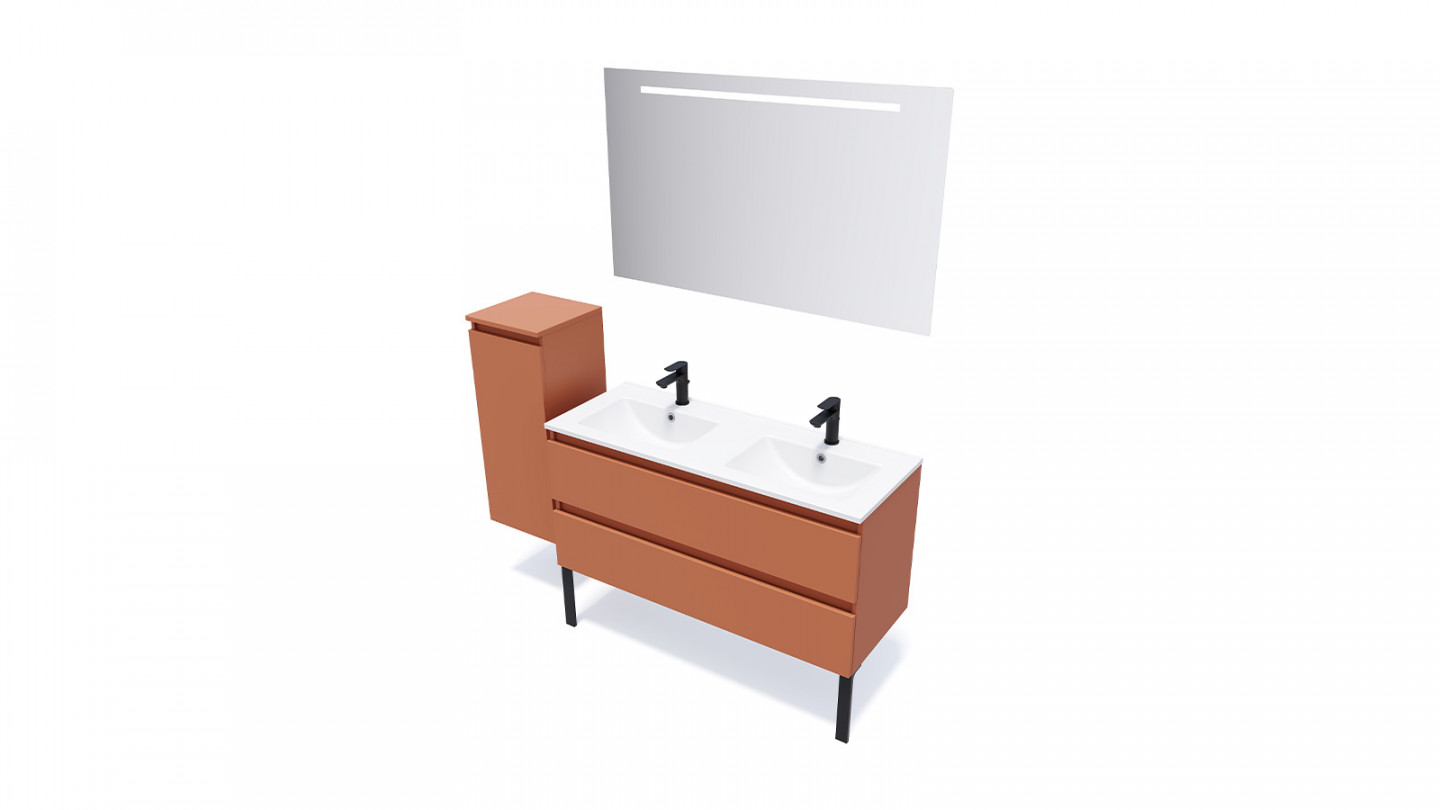 Meuble de salle de bain suspendu double vasque intégrée 120cm 2 tiroirs Terracotta + miroir - Rivage