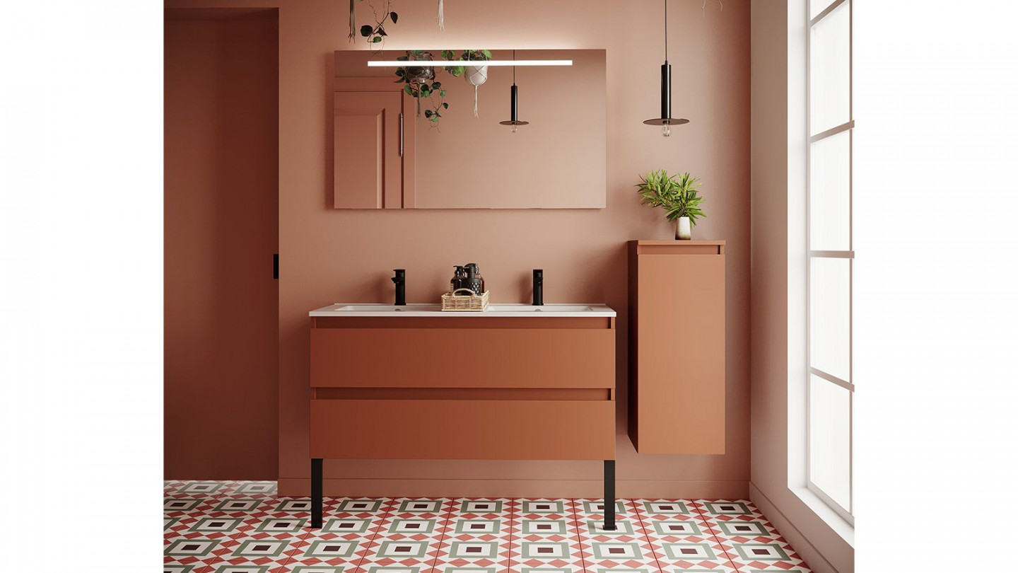 Meuble de salle de bain suspendu double vasque intégrée 120cm 2 tiroirs Terracotta + miroir + colonne ouverture droite - Rivage