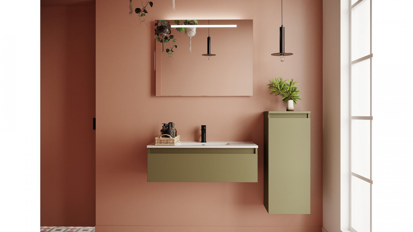 Meuble de salle de bain suspendu vasque intégrée 90cm 1 tiroir Vert olive + miroir + colonne ouverture droite - Rivage