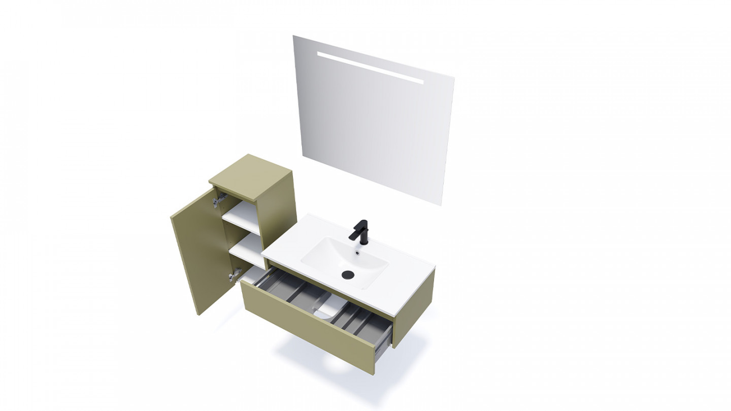 Meuble de salle de bain suspendu vasque intégrée 90cm 1 tiroir Vert olive + miroir + colonne ouverture gauche - Rivage