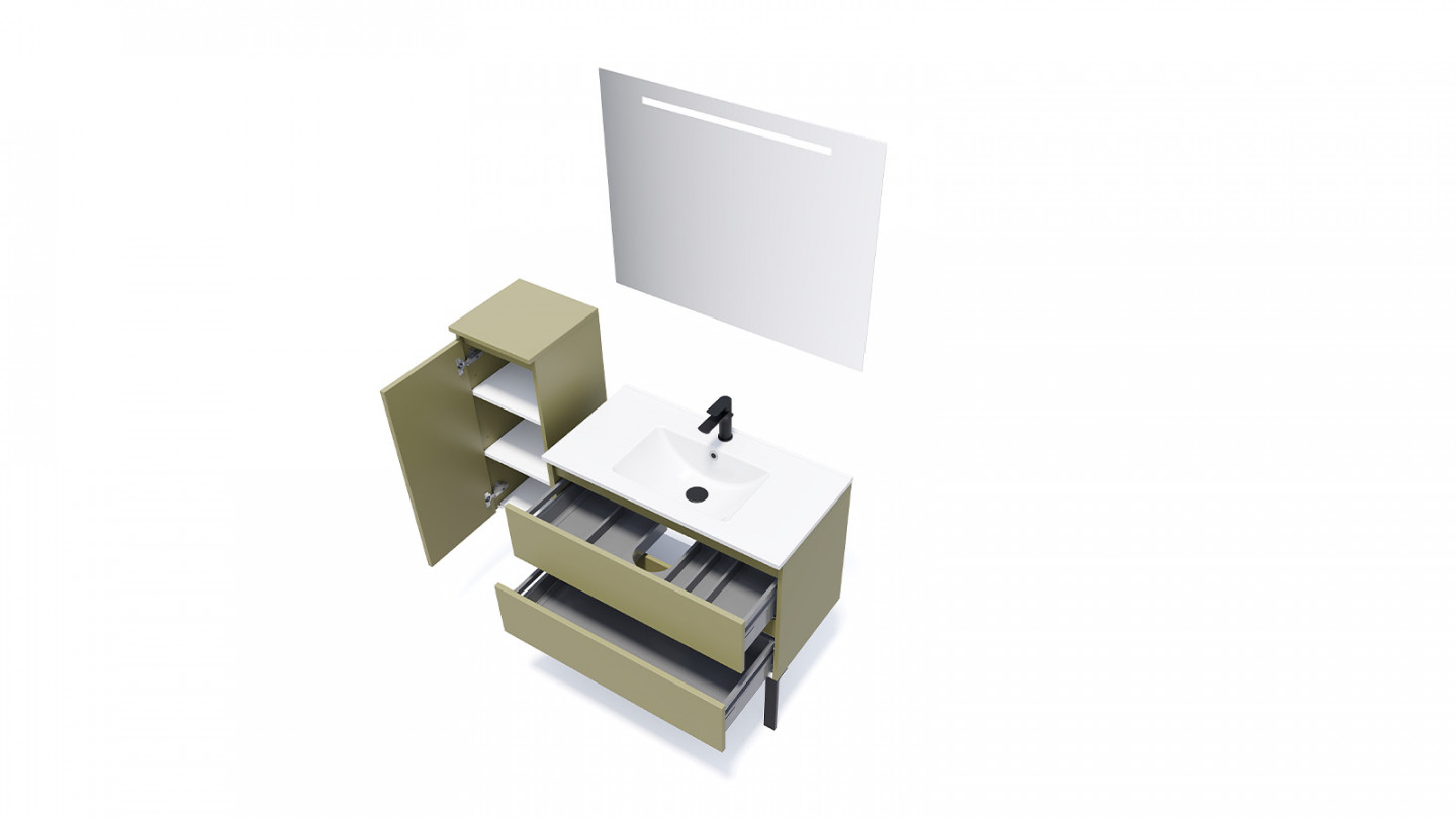 Meuble de salle de bain suspendu vasque intégrée 90cm 2 tiroirs Vert olive + miroir - Rivage