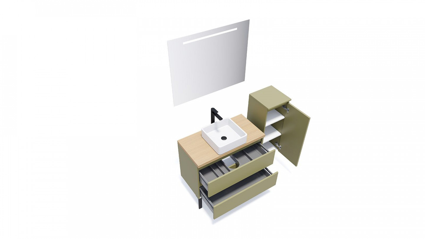 Meuble de salle de bain suspendu vasque à poser 90cm 2 tiroirs Vert olive + miroir + colonne ouverture droite - Rivage
