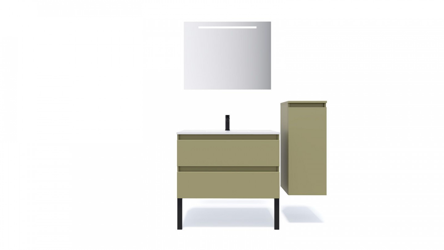 Meuble de salle de bain suspendu vasque intégrée 90cm 2 tiroirs Vert olive + miroir + colonne ouverture droite - Rivage