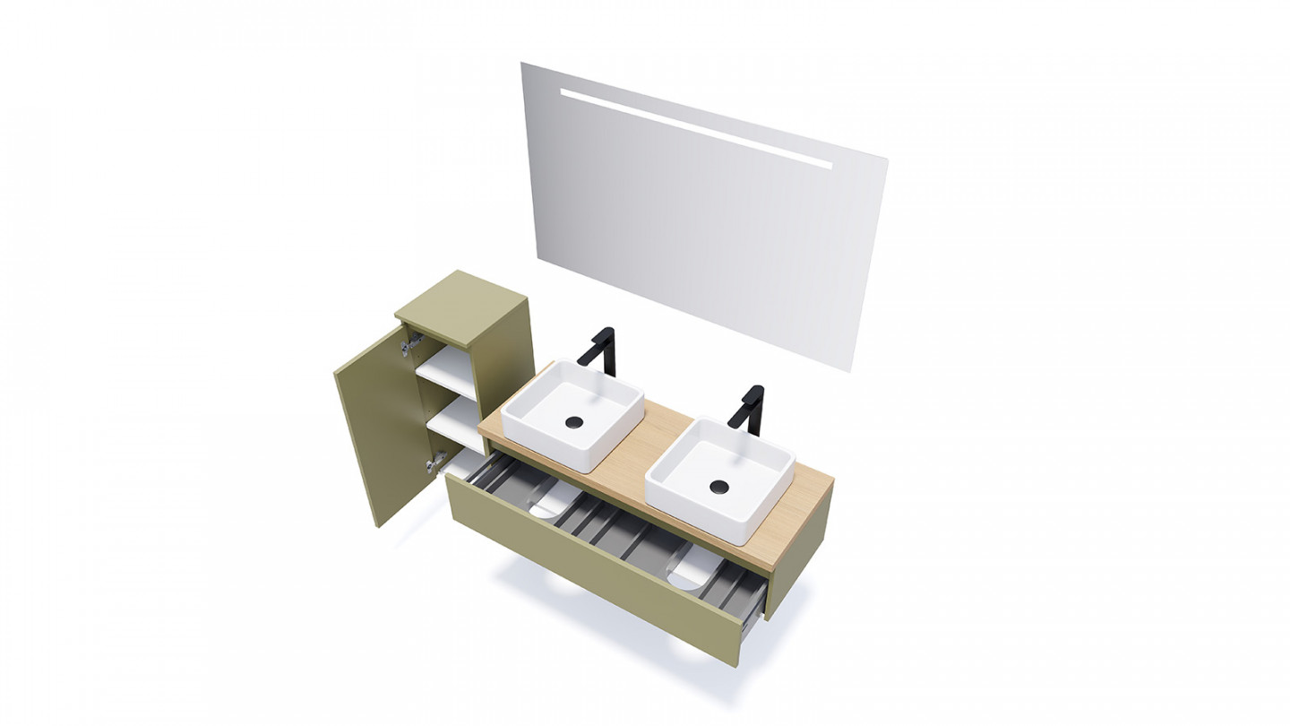 Meuble de salle de bain suspendu 2 vasques à poser 120cm 1 tiroir Vert olive - Rivage