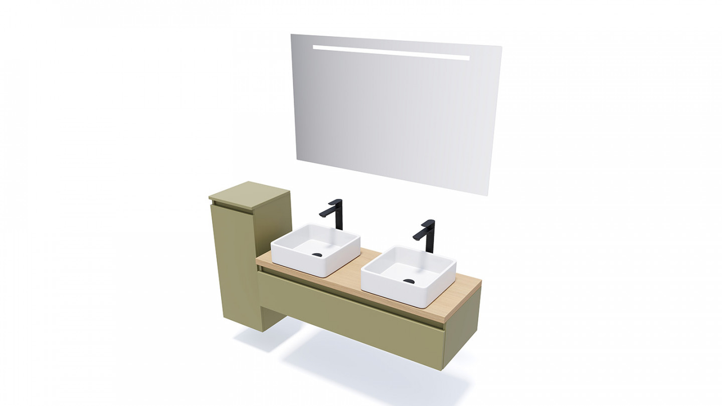 Meuble de salle de bain suspendu 2 vasques à poser 120cm 1 tiroir Vert olive + miroir - Rivage