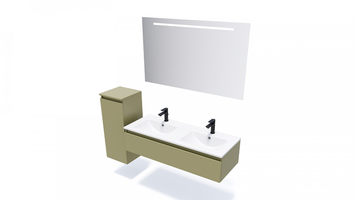 Meuble de salle de bain suspendu double vasque intégrée 120cm 1 tiroir Vert olive + miroir - Rivage