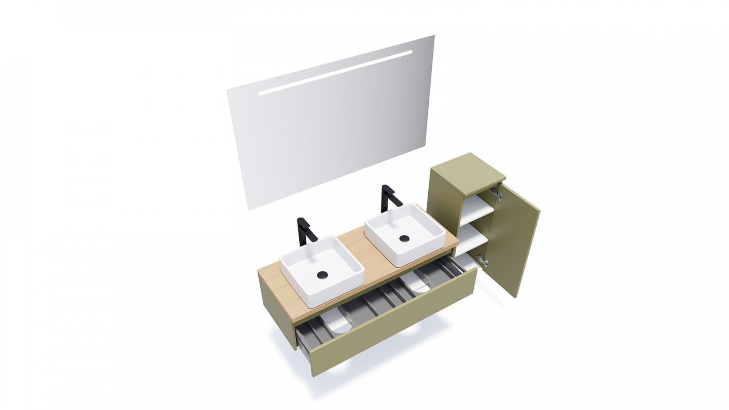 Meuble de salle de bain suspendu 2 vasques à poser 120cm 1 tiroir Vert olive + miroir + colonne ouverture droite - Rivage