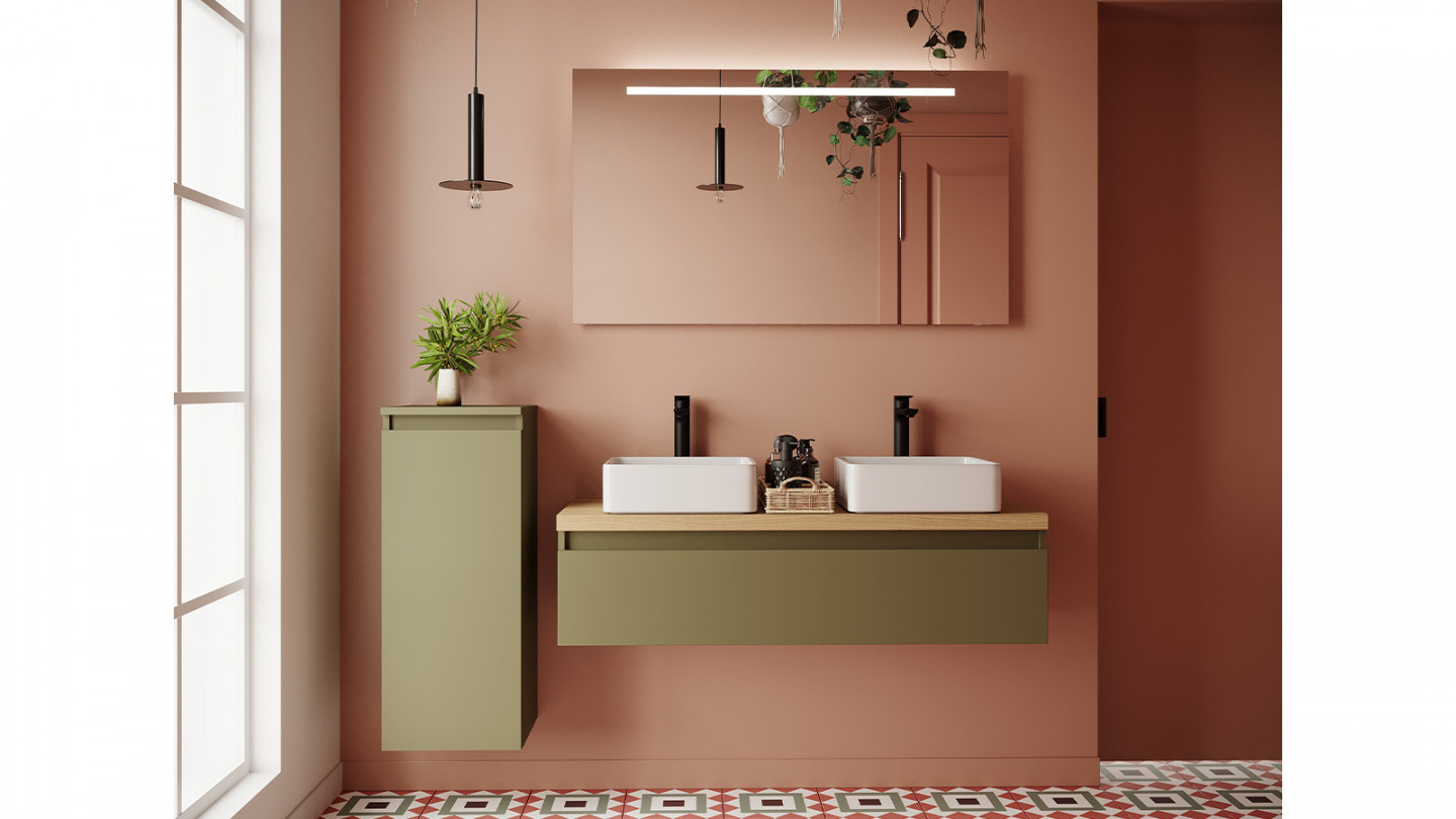Meuble de salle de bain suspendu 2 vasques à poser 120cm 1 tiroir Vert olive + miroir + colonne ouverture gauche - Rivage