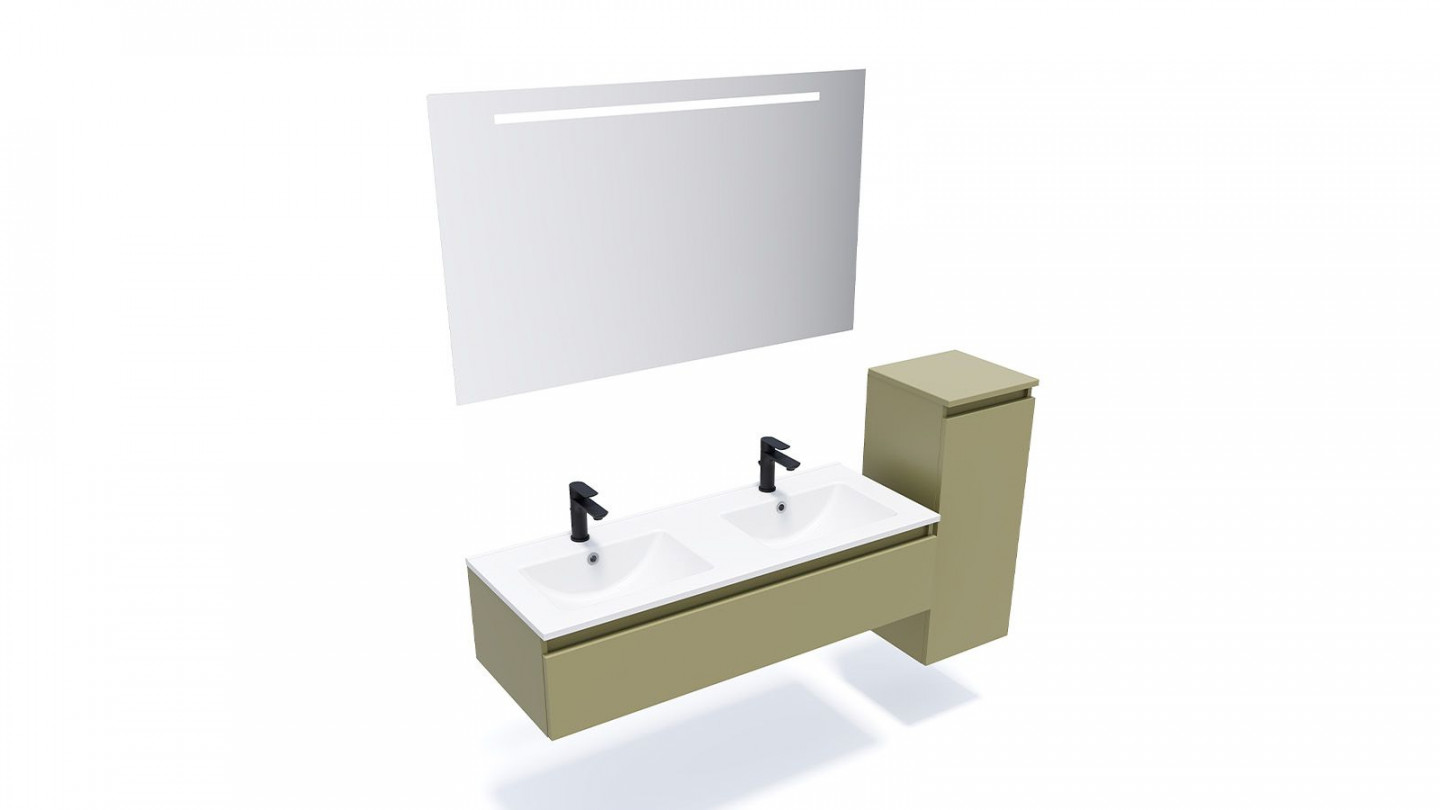 Meuble de salle de bain suspendu double vasque intégrée 120cm 1 tiroir Vert olive + miroir + colonne ouverture droite - Rivage