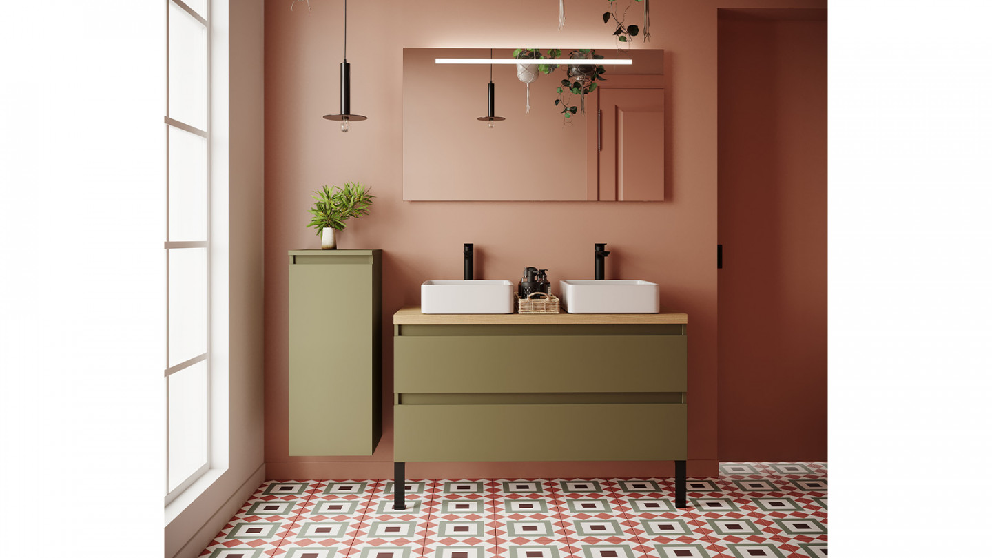 Meuble de salle de bain suspendu 2 vasques à poser 120cm 2 tiroirs Vert olive + miroir - Rivage