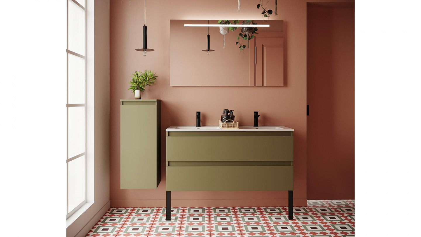 Meuble de salle de bain suspendu double vasque intégrée 120cm 2 tiroirs Vert olive + miroir - Rivage