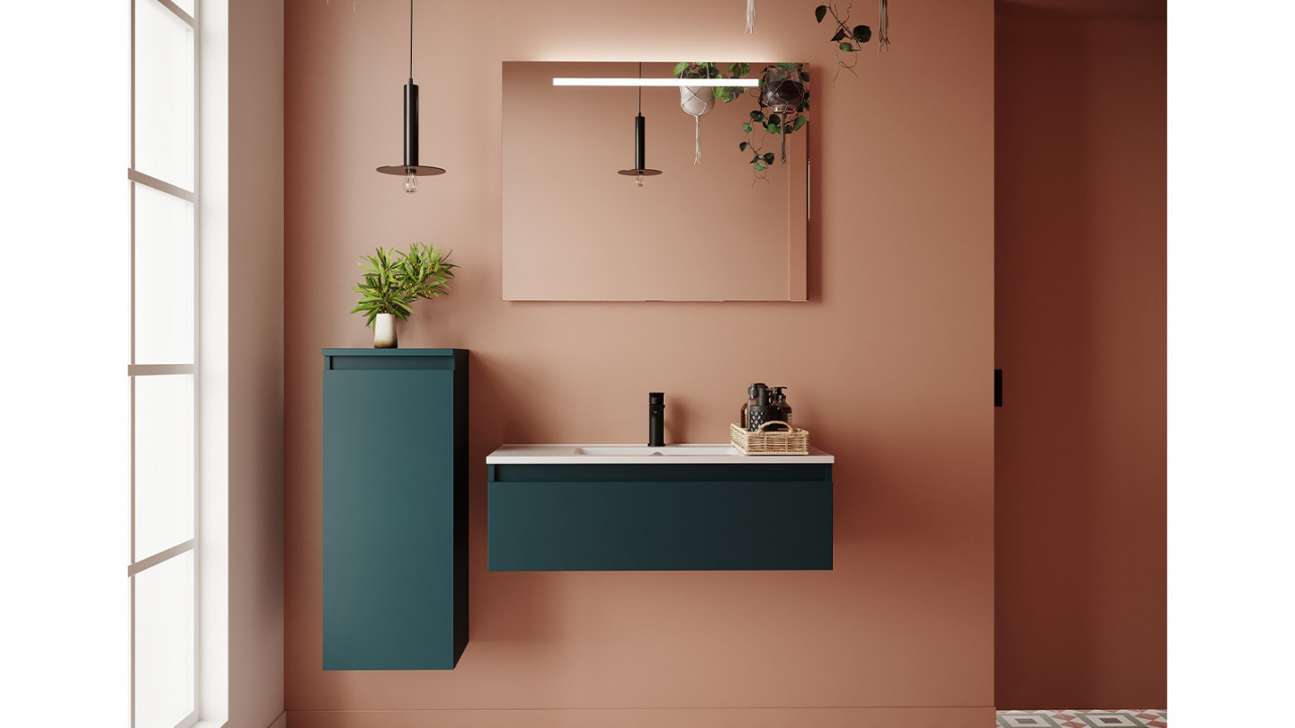 Meuble de salle de bain suspendu vasque intégrée 90cm 1 tiroir Bleu - Rivage