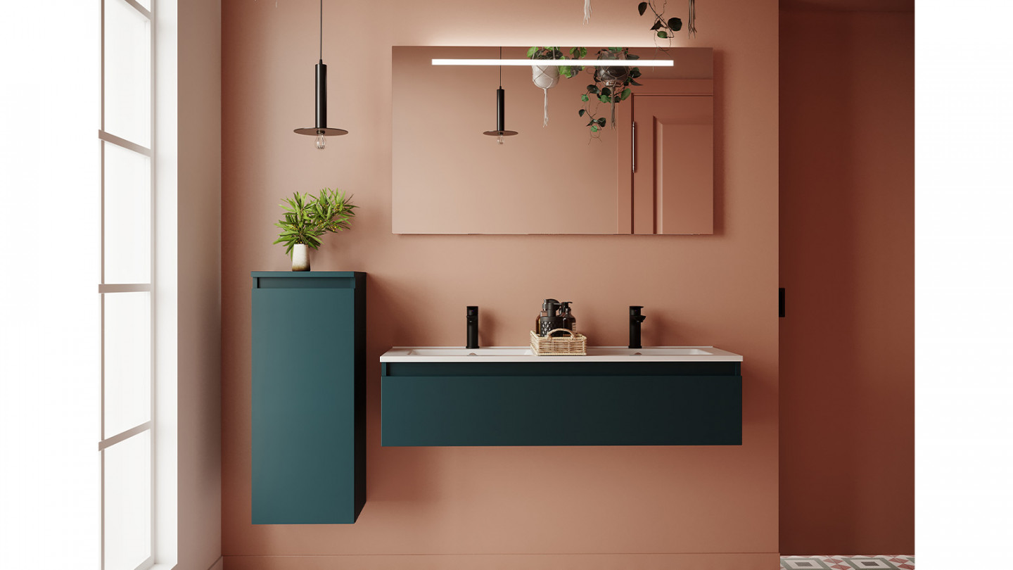 Meuble de salle de bain suspendu double vasque intégrée 120cm 1 tiroir Bleu + miroir + colonne ouverture gauche - Rivage
