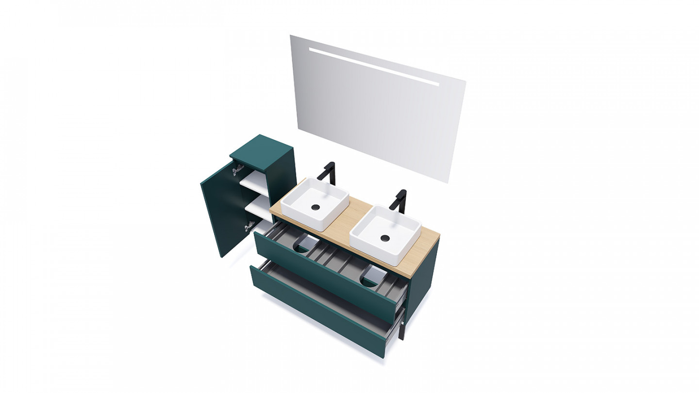Meuble de salle de bain suspendu 2 vasques à poser 120cm 2 tiroirs Bleu - Rivage
