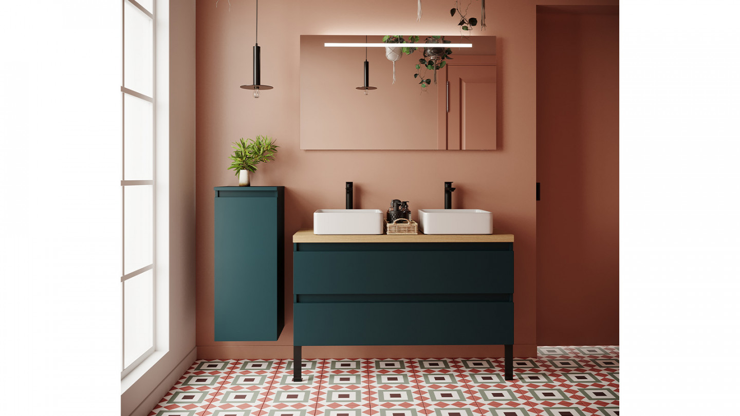 Meuble de salle de bain suspendu 2 vasques à poser 120cm 2 tiroirs Bleu - Rivage